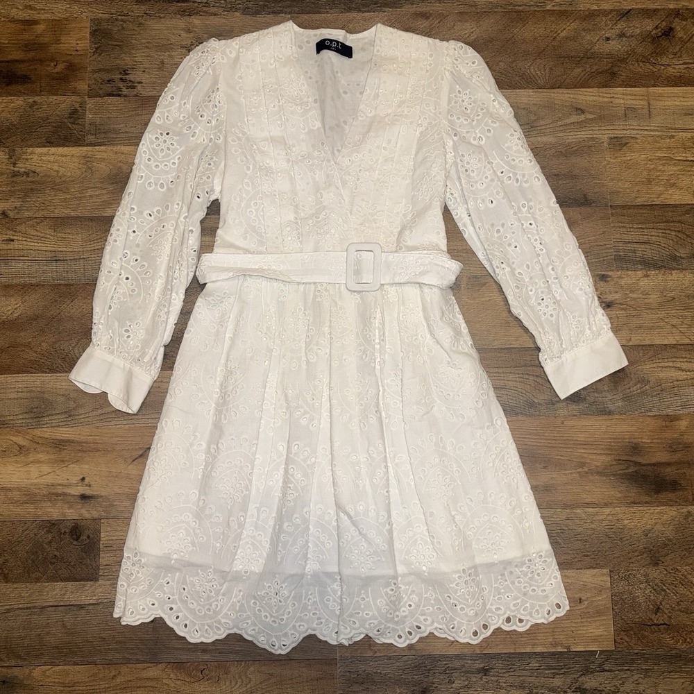 O.P.T. White Swiss Dot‎ Lace Fit Flare Dress With Belt Womens Size S Long Sleeve